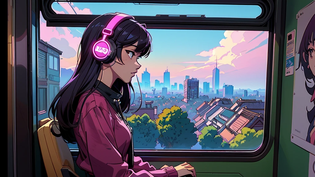 anime girl with headphones on looking out of a window in the train, digital anime illustration, lofi artstyle, anime style 4 k, anime styled digital art, digital anime art, anime style. 8k, anime style artwork, detailed digital anime art, lofi girl, lofi art, artwork in the style of guweiz, background artwork, digital cyberpunk anime art