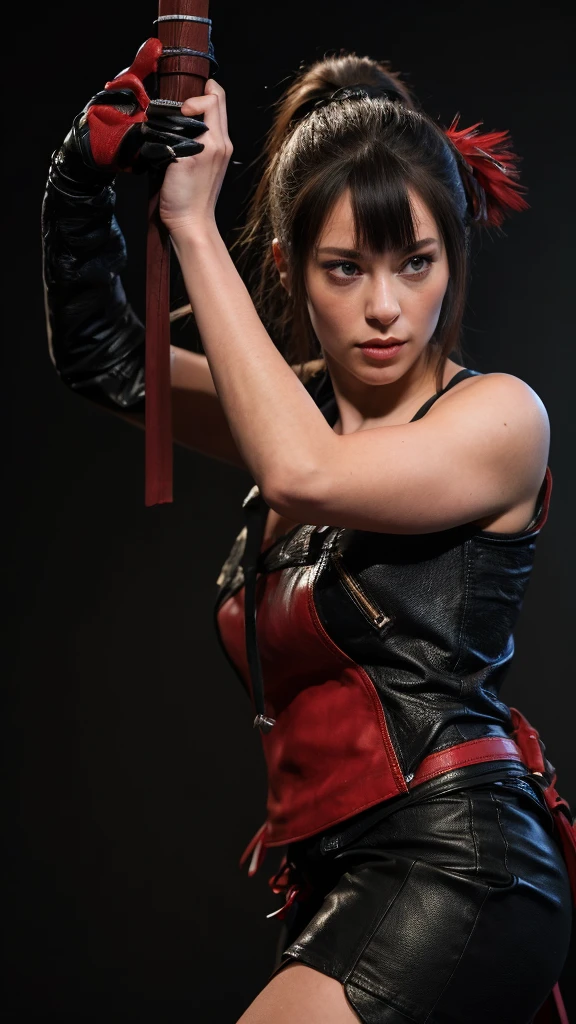 a woman holding a sword in a dark room, 2. 5 d cgi anime fantasy artwork, holding a black katana, stuning fantasy 3 d render, holding katana, unreal engine character art, unsheathing her katana, she is holding a katana sword, yasuke 5 0 0 px models, dramatic wielding katana pose, holding a katana, background color smoked, Red leather jacket.