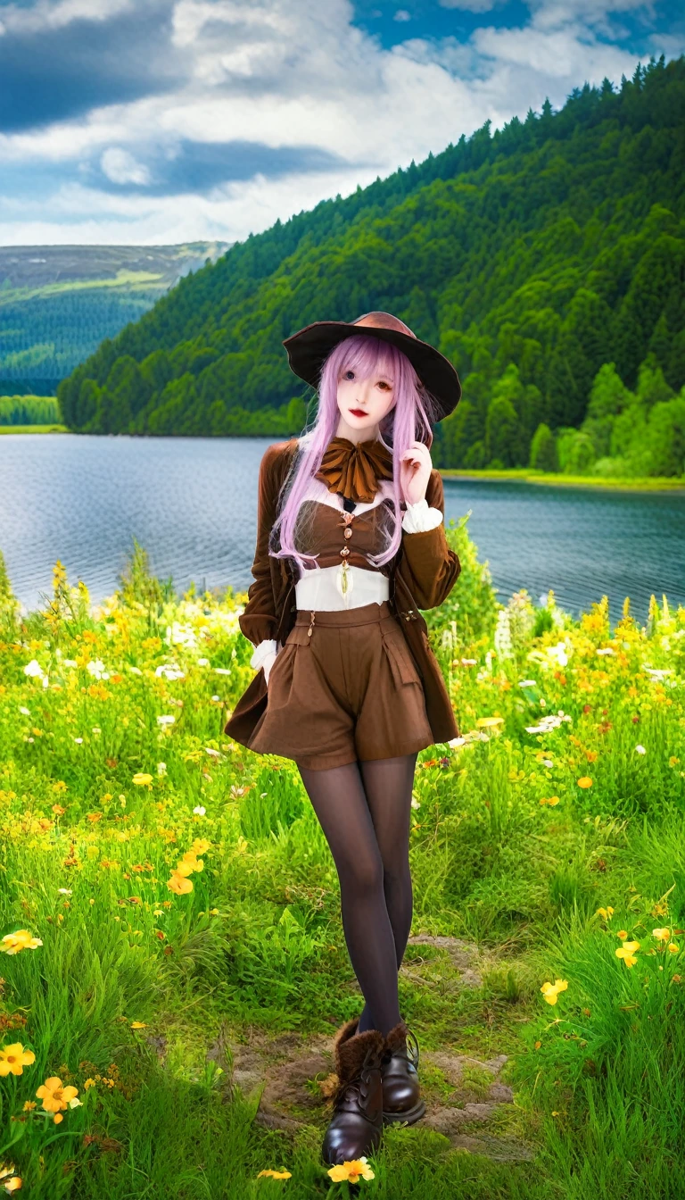 best quality, (masterpiece:1.2), illustration, absurd,  (1 Girl, Solitary), (Beautiful and delicate girl),, Aeolia, Lilac hair, Long hair, Red Eyes, Medium breasts,, hapiness的, hapiness,, Green Hat, Hat with feather decoration, Green Dress, Green coat, (fantasy:1.1) (middle Ages:1.1) Full set of clothing, (Black_Pantyhose:1.1), White shirt, Brown shorts, fleece lined boots, Brown boots,, Enchanted Forest, Flowers, Fairy Rings, Ancient ruins, stone ruins, lake, Sky, cloud