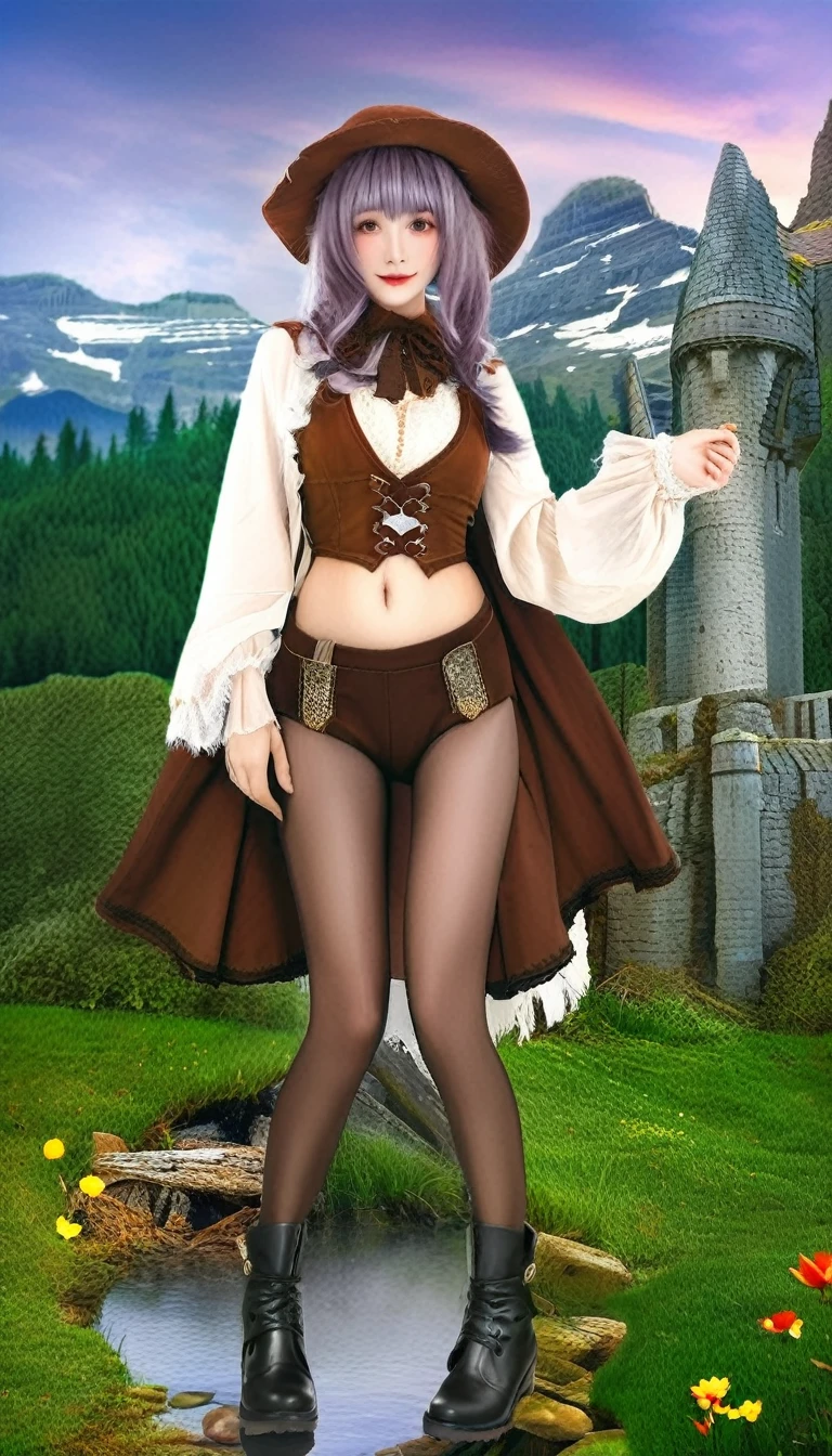 best quality, (masterpiece:1.2), illustration, absurd,  (1 Girl, Solitary), (Beautiful and delicate girl),, Aeolia, Lilac hair, Long hair, Red Eyes, Medium breasts,, hapiness的, hapiness,, Green Hat, Hat with feather decoration, Green Dress, Green coat, (fantasy:1.1) (middle Ages:1.1) Full set of clothing, (Black_Pantyhose:1.1), White shirt, Brown shorts, fleece lined boots, Brown boots,, Enchanted Forest, Flowers, Fairy Rings, Ancient ruins, stone ruins, lake, Sky, cloud