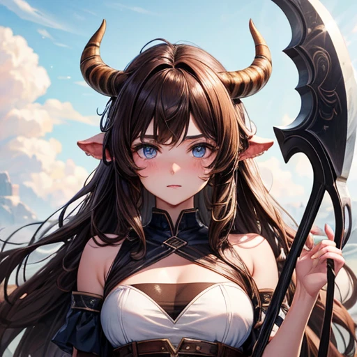 Brown haired Minotaur Blue-eyed beautiful boy Cow horn Cow earless Has an axe Beautiful girl face long hair