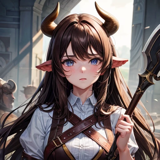 Brown haired Minotaur　Blue-eyed beautiful boy　　Cow horn　Cow earless　Has an axe　Beautiful girl face　long hair