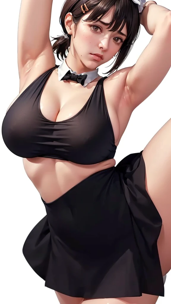 (（（Perfect body,White and tender skin,（（（Black strap dress, black long bow tie, white lining, black hat）））,（（（Kobeni Higashiyama, black hair, hair ornament, hairclip,  ponytail, short hair, (brown eyes:1.5),）））,((masterpiece)),highres,((Best quality at best)),masterpiece,quality,Best quality,(（（ Exquisite facial features,Looking at the audience,There is light in the eyes,(（（frown，Wronged））），）））,（（（Light and shadow,Huge breasts,）））,（（（Looking at the camera,White background)））)
