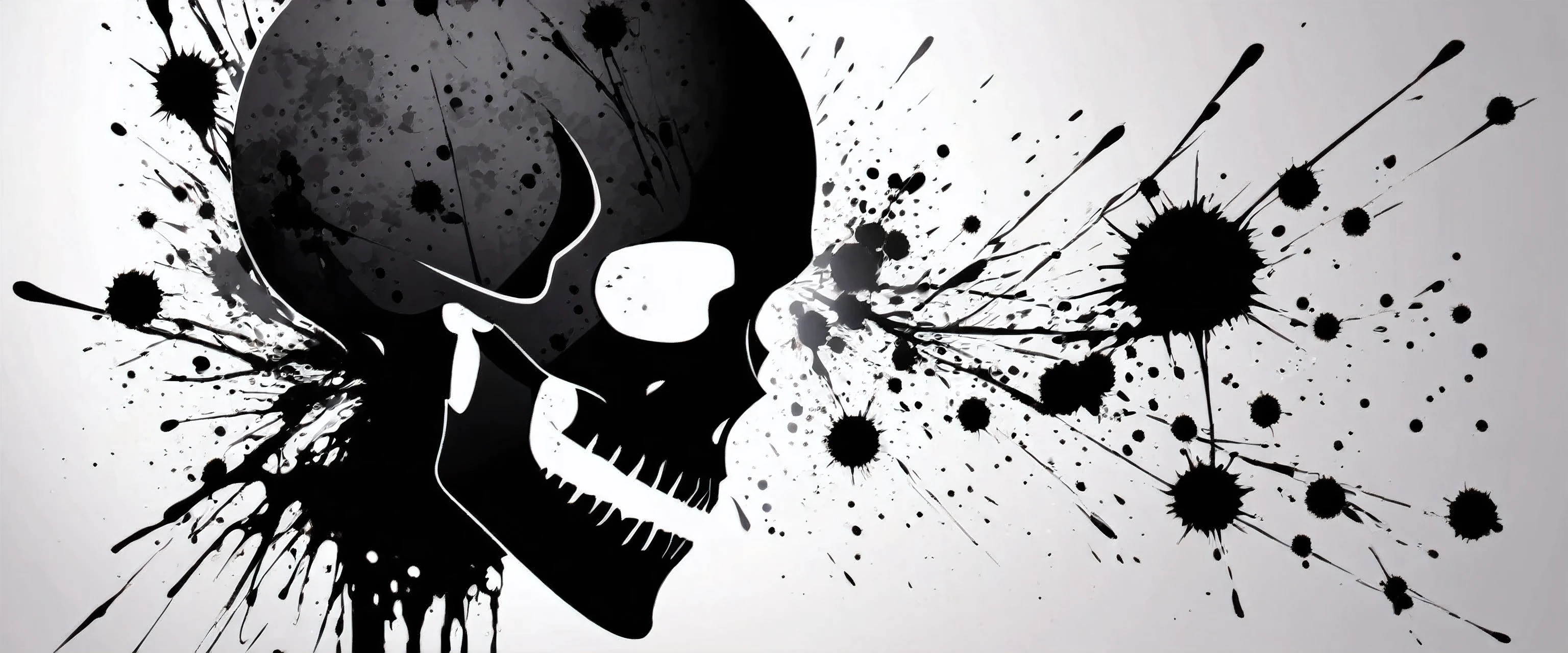black silhouette of a skull facing forward with black blood splatter on white wall, detailed silhouette.