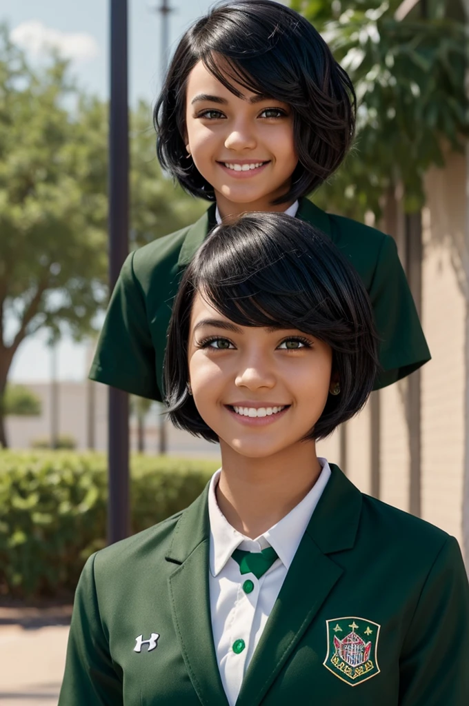 Screenshot My hero academy Cute girl with short straight hair with a bob of black waves with green strands, green eyes, somewhat sarcastic expression with a smile, He is wearing the UA uniform with the school background 