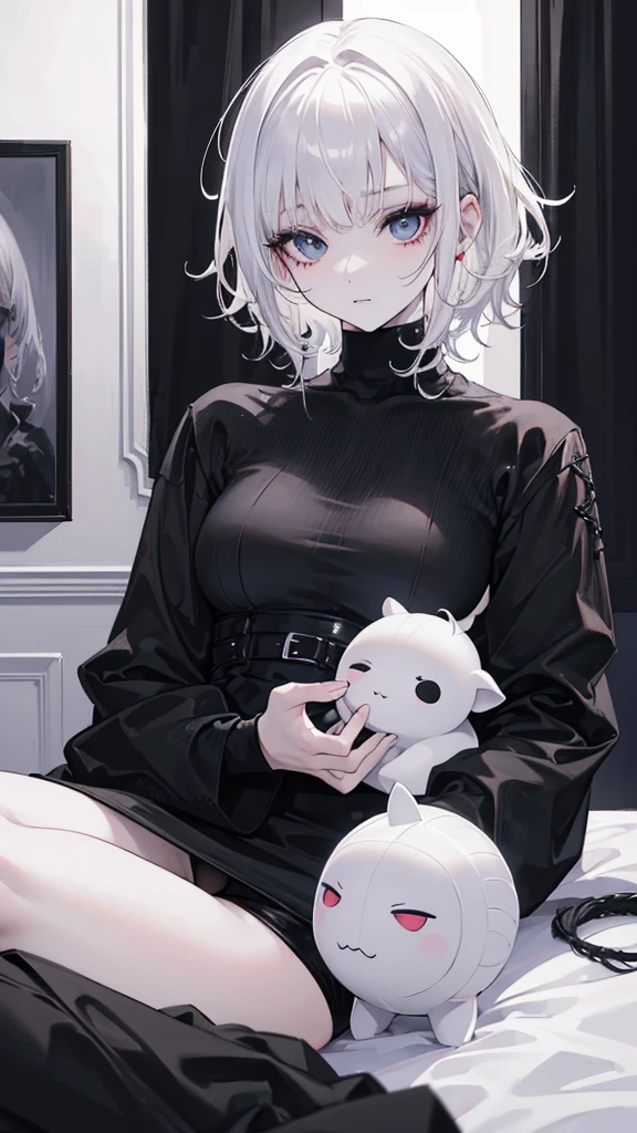 Best quality, masterpiece, super high resolution, (realism: 1.4), white hair, white curly hair, short hair, pale skin, bedhead, wispy bangs, black turtleneck, black lipstick, black long sleeves, indoors, eye shadow, mascara, black clothing, full_body, goth