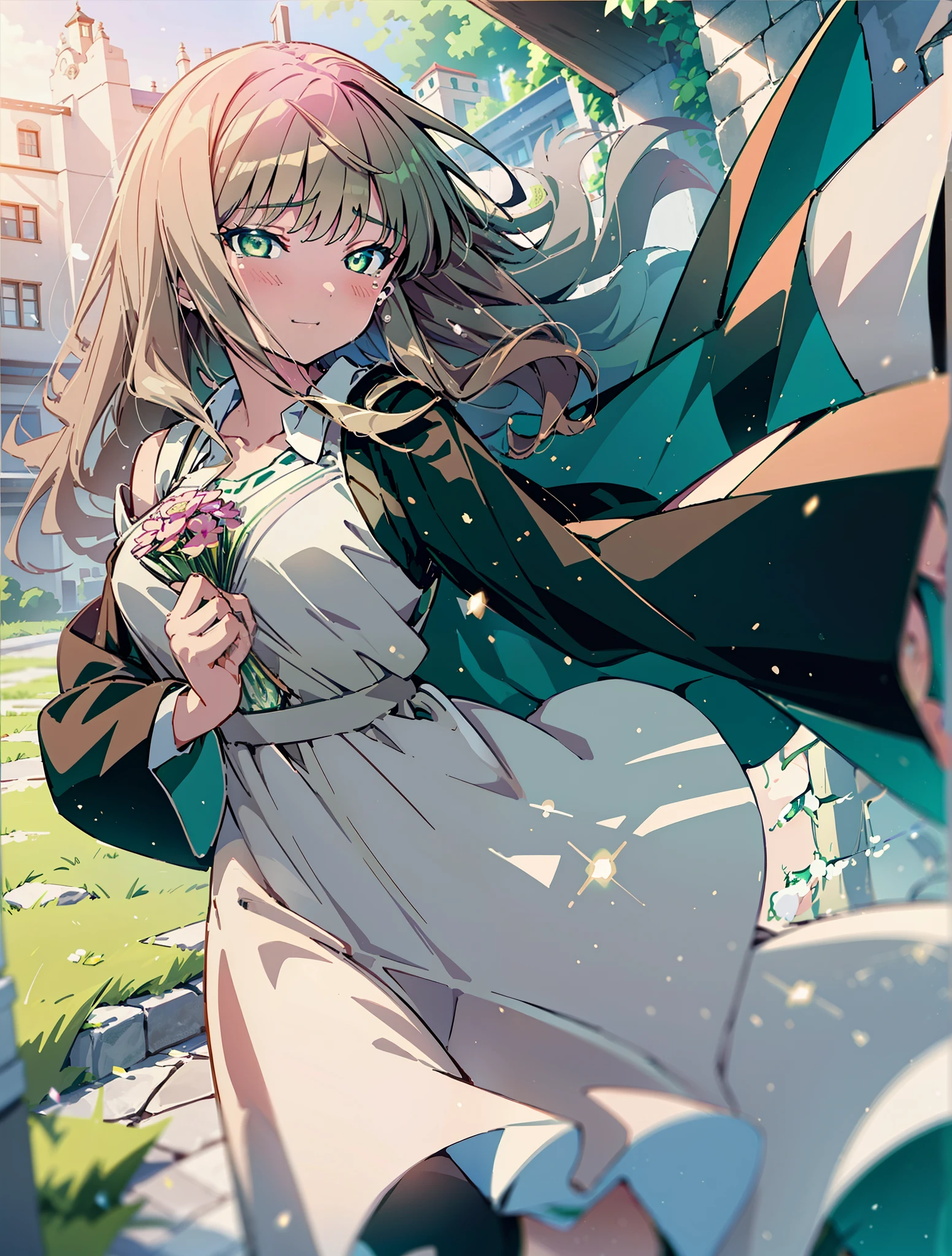 minami yume ,sss Dynazenon ,Long Hair, Brown Hair, (Green Eyes:1.5) ,smile,Wedding dress,Wedding Skirts,holding a large bouquet of flowers in both hands,Tears stream down her face,Tears of joy,I cry a lot,Stand Glass,
break outdoors, Association,Chapel,
break looking at viewer, whole body,(Cowboy Shot:1. 5) ,
break (masterpiece:1.2), Highest quality, High resolution, unity 8k wallpaper, (shape:0.8), (Beautiful and beautiful eyes:1.6), Highly detailed face, Perfect lighting, Highly detailed CG, (Perfect hands, Perfect Anatomy),
