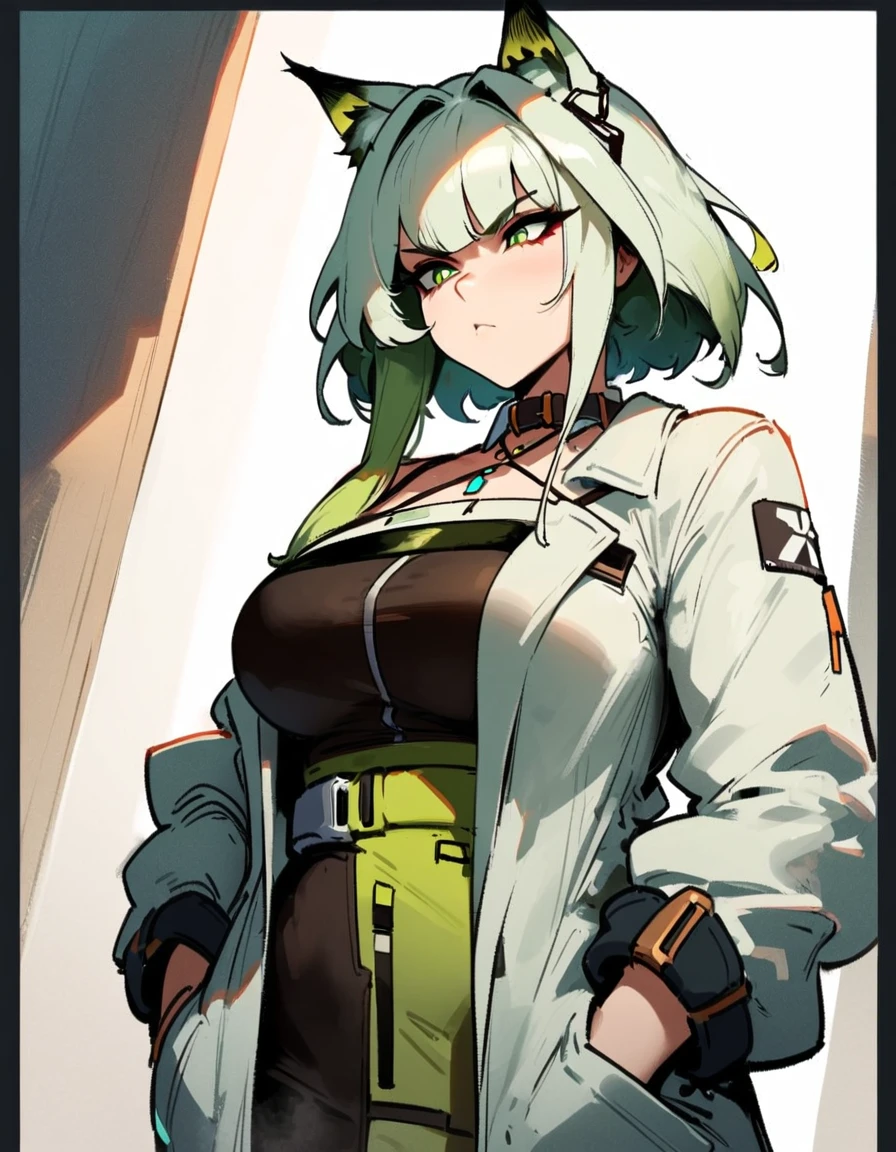 1girl, kal'tsit \(arknights\), arknights \\\\\ masterpiece, best quality, very aesthetic, absurdres, newest \\\\\\ slim body,///// ,by nyantcha,cutesexyrobutts , by khyle,,////// ,,,, , ,,detailed face, , ,, , , , , beautiful face, (white background:1.2), , sexy, , serious.angry, green eyes, animal ears, , ,,,big tits,), in the center of the frame,,, ,wears a lab coat, hands in pockets, , solo