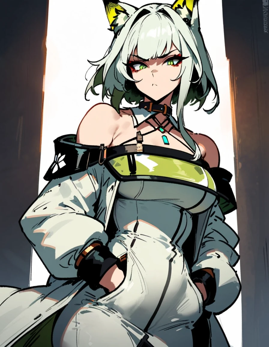 1girl, kal'tsit \(arknights\), arknights \\\\\ masterpiece, best quality, very aesthetic, absurdres, newest \\\\\\ slim body,///// ,by nyantcha,cutesexyrobutts , by khyle,,////// ,,,, , ,,detailed face, , ,, , , , , beautiful face, (white background:1.2), , sexy, , serious.angry, green eyes, animal ears, , ,,,big tits,),  in the center of the frame,,, ,wears a lab coat, hands in pockets, ,  solo