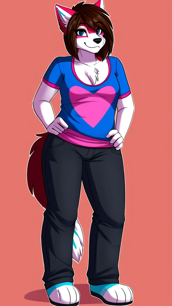 there is a draw image of a cotton candy, wolf, cyan, white, pink ,shirt arm long red, pants black, draw avatar, fursona, furry style, furry character, furry furaffinity, furry fursona, thicc, furry cute style, fursona!!!!, halfbody, fursona, cheap brown hair long girl, woman, Chest girl, backgrouned style colorful, transgender