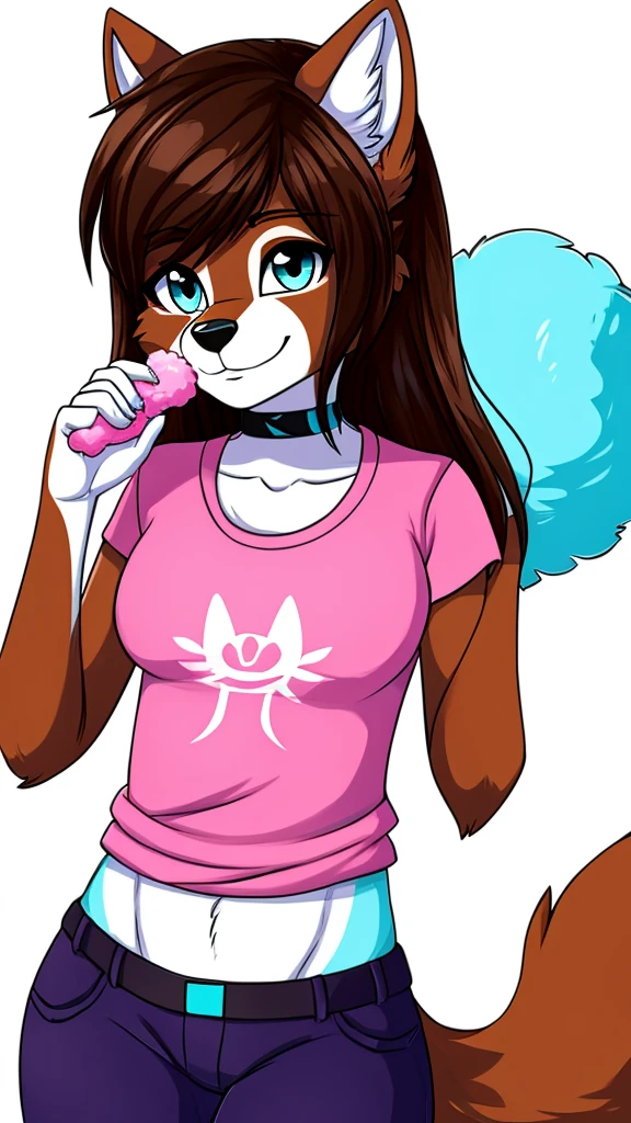 there is a draw image of a wolf, body cotton candy, shirt arm with long, pants black, draw avatar, fursona, furry style, furry character, furry furaffinity, furry fursona, thicc, furry cute style, fursona!!!!, halfbody, fursona, cheap brown hair long girl, woman, Chest girl, backgrouned style colorful, transgender