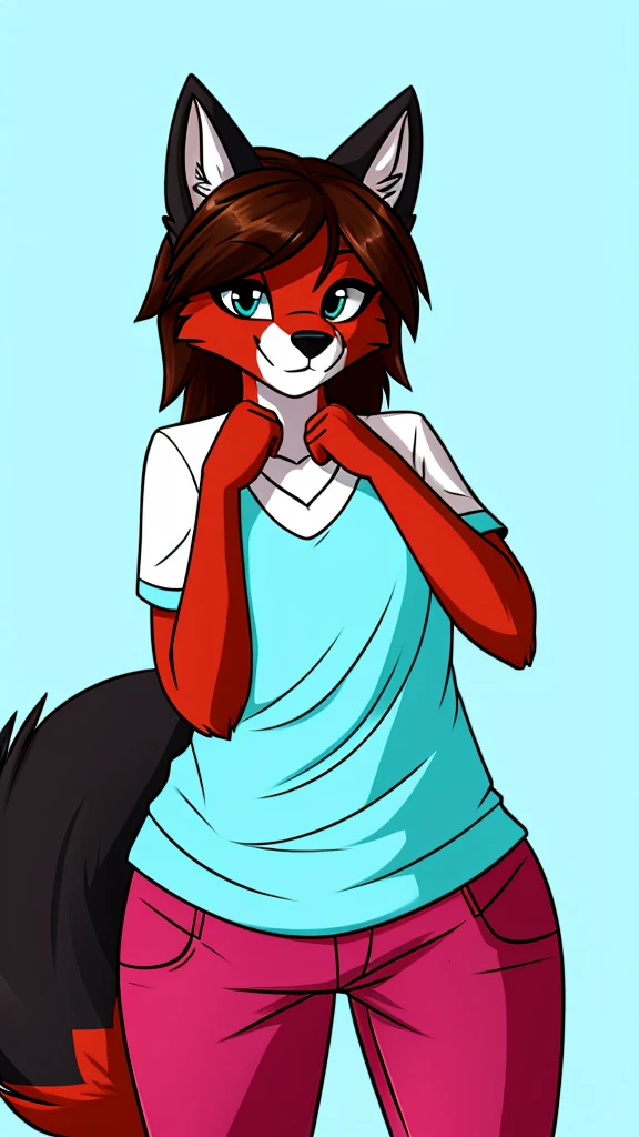 there is a draw image of a cotton candy, wolf, cyan, white, pink ,shirt arm long red, pants black, draw avatar, fursona, furry style, furry character, furry furaffinity, furry fursona, thicc, furry cute style, fursona!!!!, halfbody, fursona, cheap brown hair long girl, woman, Chest girl, backgrouned style colorful, transgender