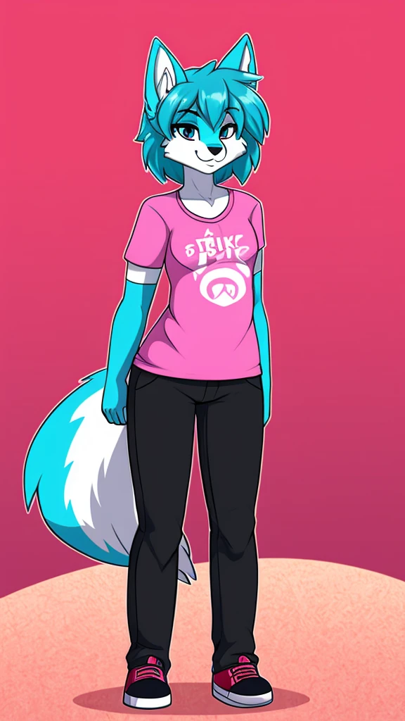 there is a draw image of a cotton candy, wolf, cyan, white, pink ,shirt arm long red, pants black, draw avatar, fursona, furry style, furry character, furry furaffinity, furry fursona, thicc, furry cute style, fursona!!!!, halfbody, fursona, cheap brown hair long girl, woman, Chest girl, backgrouned style colorful, transgender