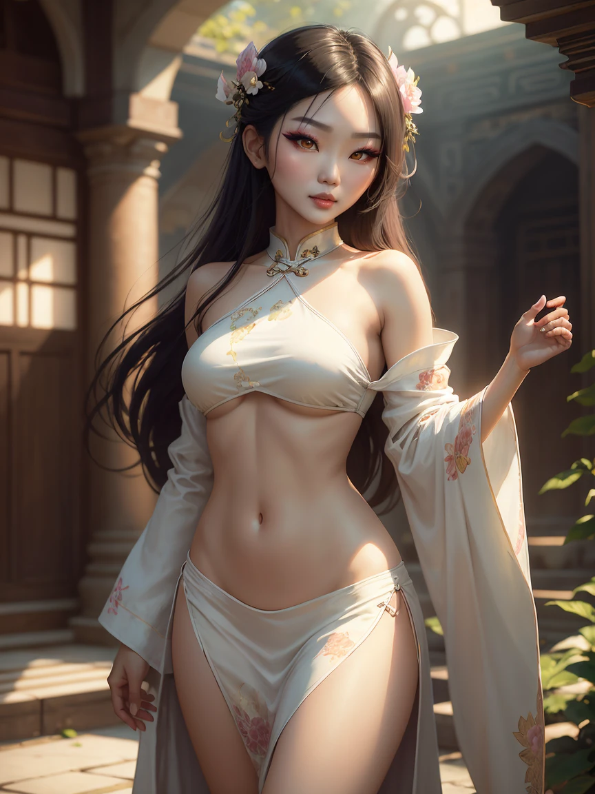 soft_light, (((soft lighting, Masterpiece portrait of Asian goth beauty wearing Cheongsam|bikini))), long hair, beauty mark, standing in A cozy small garden pool of an ancient Alhambra building, Persia-inspired, colorful pillows, and carpets, by Greg Rutkowski dynamic lighting hyperdetailed intricately detailed triadic colors Unreal Engine 5 volumetric lighting with god's rays Alphonse Mucha WLOP Jordan Grimmer. soft shadows. naked pussy