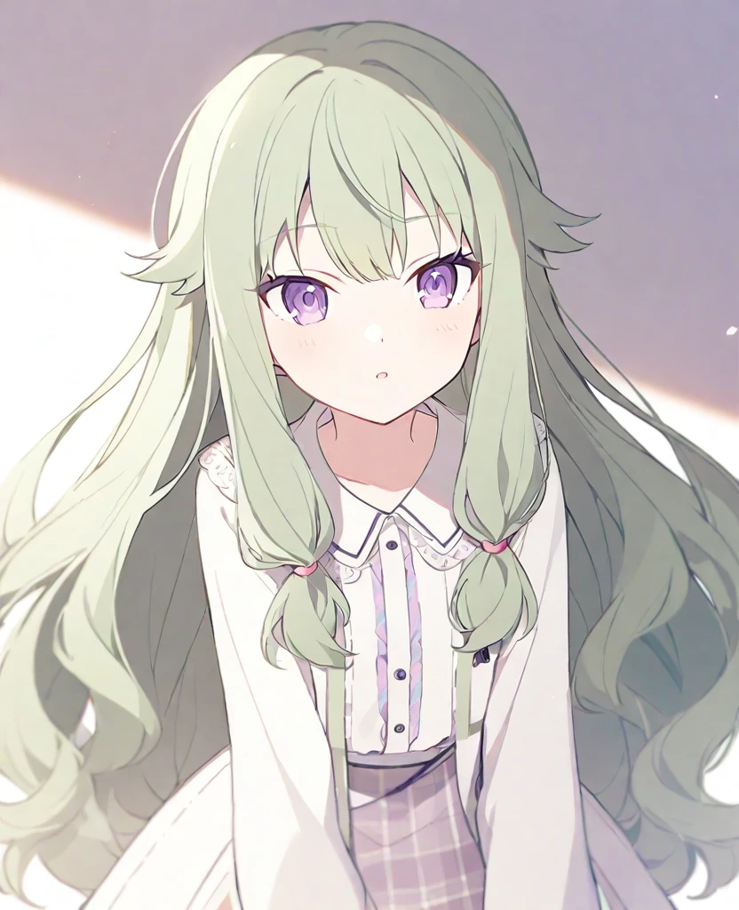 One girl,alone,kusanagi nene,Green Hair,Purple Eyes,White Shirt,project sekai,long hair,cute,cute,
