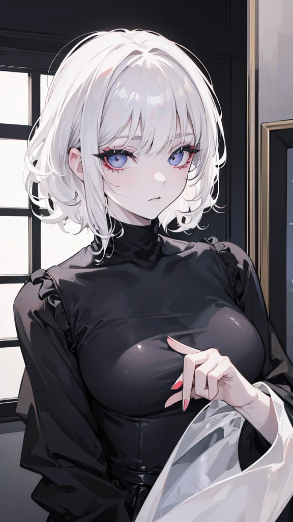 Best quality, masterpiece, super high resolution, (realism: 1.4), white hair, white curly hair, short hair, pale skin, bedhead, wispy bangs, black turtleneck, black lipstick, black long sleeves, indoors, eye shadow, mascara, black clothing, full_body, goth, Eye of London
