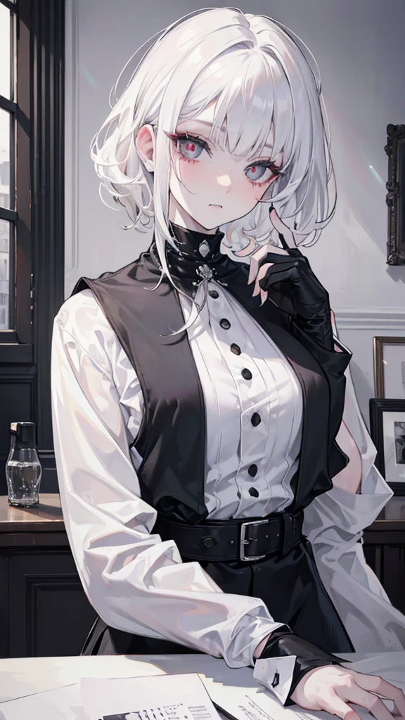 Best quality, masterpiece, super high resolution, (realism: 1.4), white hair, white curly hair, short hair, pale skin, bedhead, wispy bangs, black turtleneck, black lipstick, black long sleeves, indoors, eye shadow, mascara, black clothing, full_body, goth, Eye of London