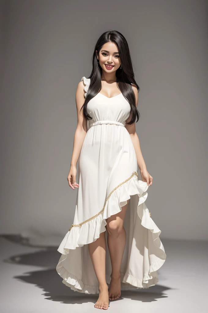 create a 28 year old Brazilian woman, standing model, Brown skin, long black hair, barefoot, white backdrop, wearing a Ruffled Midi Dress, full body, smiling,
