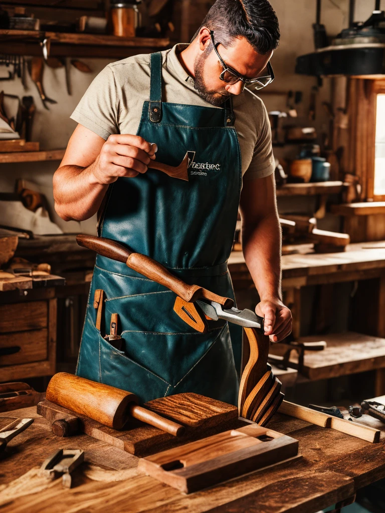 /imagine prompt: (Best quality, 8k, Masterpiece :1.3), Whole body, Sharp focus :1.2, A skilled craftsman meticulously working on a wooden cabinet in a modern workshop, Surrounded by various woodworking tools and materials, ((Detailed hands, Focused expression :1.2)), (Warm wood tones, Natural light :1.1), Highly detailed wood grain, Fine shavings on the floor, Clean and organized workspace, ((Vintage and modern tools)), Wearing a leather apron and safety glasses, (Future tech enhancements subtly integrated), Real-world setting --ar 16:9 --style raw --v 6.0