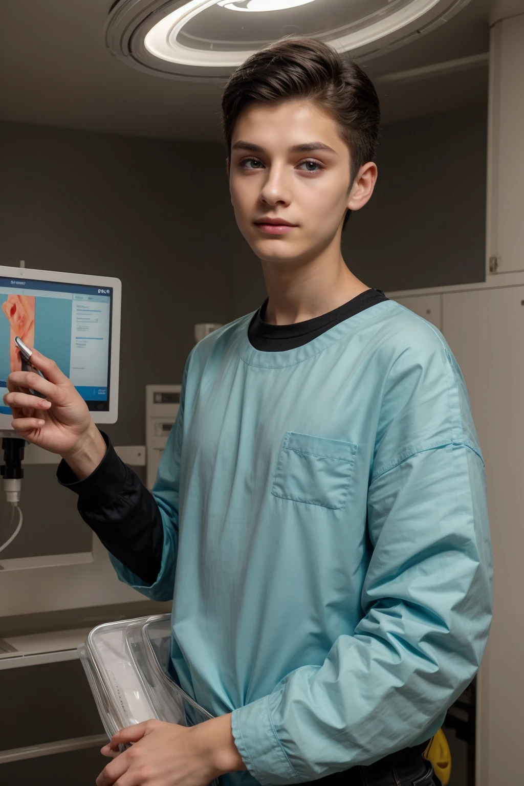 A beautiful young male twink with a make-up face. He is wearing a long-sleeved aquamarine shirt and black jeans. He is in the surgical theater and behind him is a medical monitor and medical devices for the brain. He looks proudly with black hair and has medical tools in his hand and on his shirt. Blood