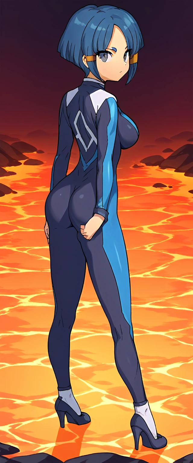 best quality,ultra detailed,solo,score_9, score_8_up, score_7_up, score_6_up, score_5_up, score_4_up, source_anime, 1girl, clara, blue hair, hair tubes, grey eyes, black bodysuit,big breasts, standing sexy pose, (behind view,portrait),full body, standing on lava,heavenly ass, heavenly breasts, big ass, no shoes, wearing heels, upset, cute, face, long legs, tight bodysuit, tight sleeves, long sleeves, backside, leggings
