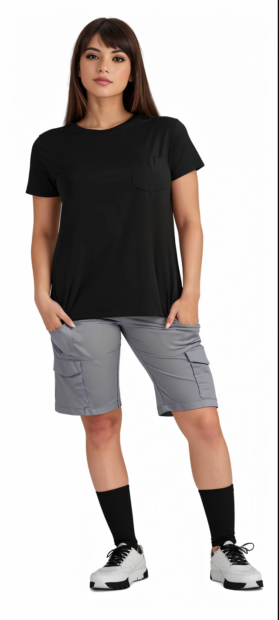 fit woman in black shirt and gray shorts posing for a photo, complete view, with two front pockets, full height view, wearing shorts and t-shirt, full body view entrelaçada, full body view, placed against a white background, casual modern clothing, complete view do corpo e da cabeça, full body distant view, Accurate shot ( FS )