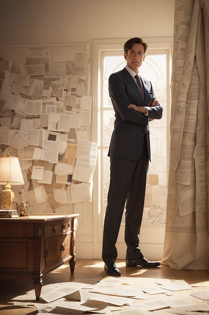 Disney Pixar style illustration of a white woman dressed as a successful businessman. She stands next to rolls of wallpaper on a table, with beautiful decorations scattered around. The setting is a well-lit store and his expression is one of pride and determination., portraying your leadership and expertise in the area.