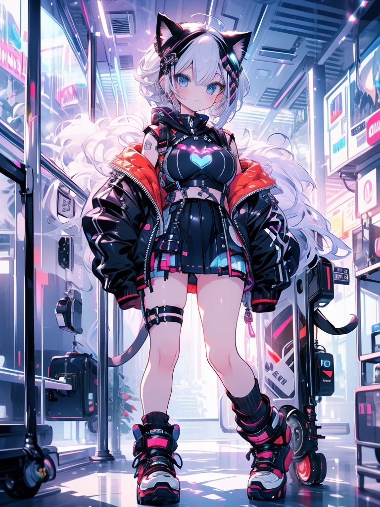 highest quality, masterpiece, long eyelashes, blue eyes punk girl, Dressed in punk clothes, super mini skirt, Sparkling, big breasts, Cat ear, white hair,
