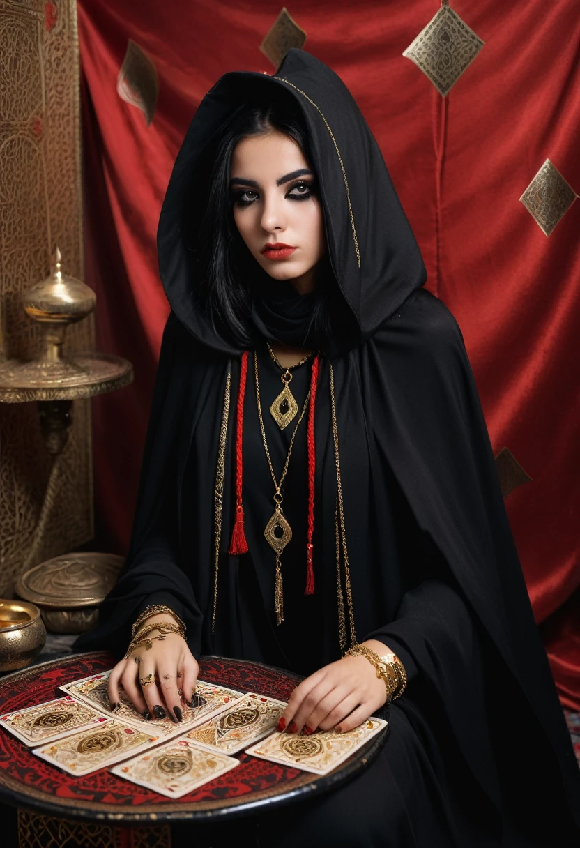 young witch of the desert 15 years old, in the Arab room, black long cape with a hood falling over the eyes, scarf covering lips and nose, black and red lines on the face, black makeup, golden eyes, black hair, black outfit, eye tattoo under collarbone, gold jewelry, full length, fortune telling cards in hand