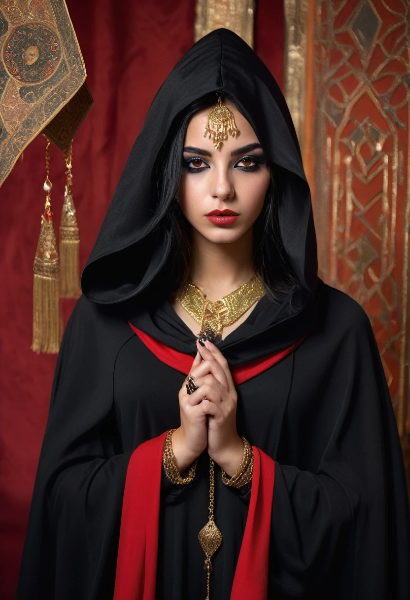 young witch of the desert 15 years old, in the Arab room, black long cape with a hood falling over the eyes, scarf covering lips and nose, black and red lines on the face, black makeup, golden eyes, black hair, black outfit, eye tattoo under collarbone, gold jewelry, full length, fortune telling cards in hand