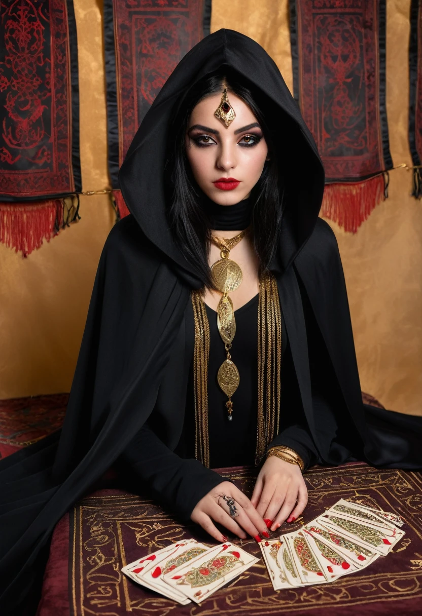young witch of the desert 15 years old, in the Arab room, black long cape with a hood falling over the eyes, scarf covering lips and nose, black and red lines on the face, black makeup, golden eyes, black hair, black outfit, eye tattoo under collarbone, gold jewelry, full length, fortune telling cards in hand