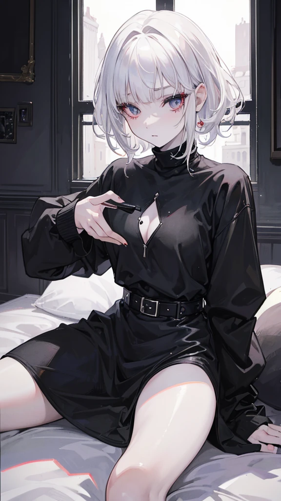Best quality, masterpiece, super high resolution, (realism: 1.4), white hair, white curly hair, short hair, pale skin, bedhead, wispy bangs, black turtleneck, black lipstick, black long sleeves, indoors, eye shadow, mascara, black clothing, full_body, goth