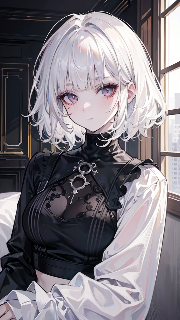 Best quality, masterpiece, super high resolution, (realism: 1.4), white hair, white curly hair, short hair, pale skin, bedhead, wispy bangs, black turtleneck, black lipstick, black long sleeves, indoors, eye shadow, mascara, black clothing, full_body, goth
