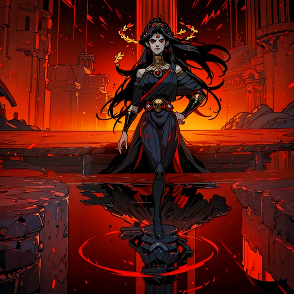 1girl, alone, 25 years old, grand, tall, black hair, red eyes, (high quality:2), cheveux noirs, long hair, boss, black outfit, black clothes, black pants, masculine clothes, masculine outfit, frowning, hades style, hades game, Jen zee style, greek themed image, greek background, thanatos, tartarus scenery, red fumes, black clouds, greek columns in background, lots of columns, greek architecture, white themed image, white furniture, red touches of color, orange walls, looking at viewer, holding the stygian blade hades game wiki, hades, game, wiki, obols, stygius, Eris inspiration, Alecto, Charon, Hecate, Hades character, Meg, Megara, Megaera, Moros, Nemesis, armor, Nemesis armor, Tisiphone