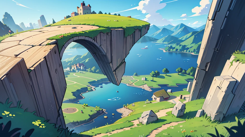 landscape image, a lake in the shape of a half moon with a city on a peninsula that comes out from the center of the crecent shape making a narrow land bridge to the city