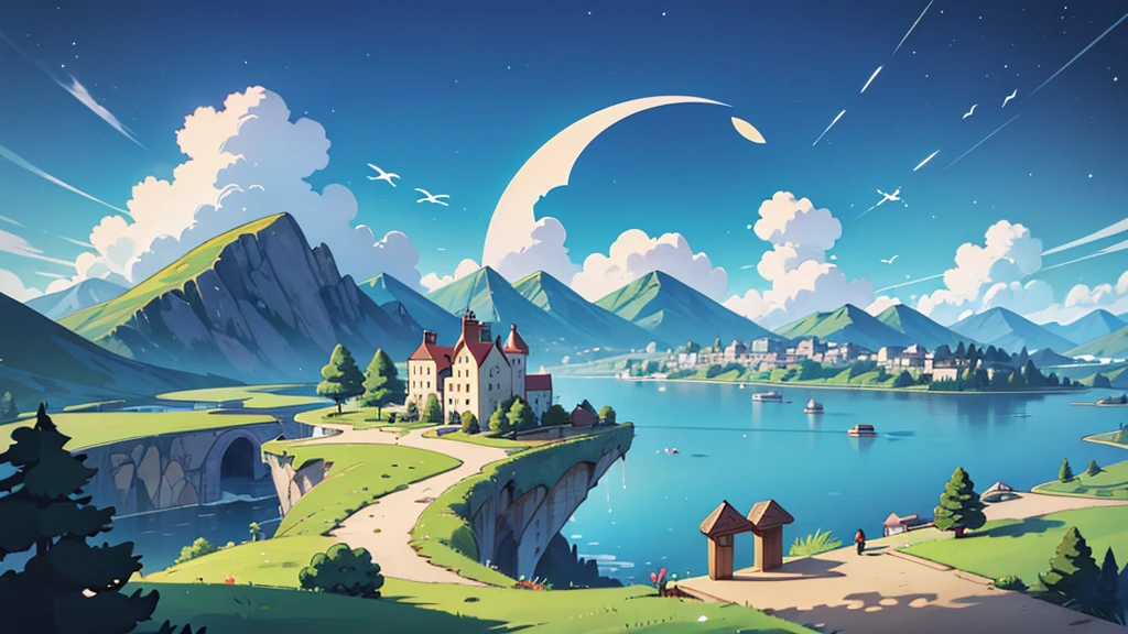landscape image, a lake in the shape of a half moon with a city on a peninsula that comes out from the center of the crecent shape making a narrow land bridge to the city