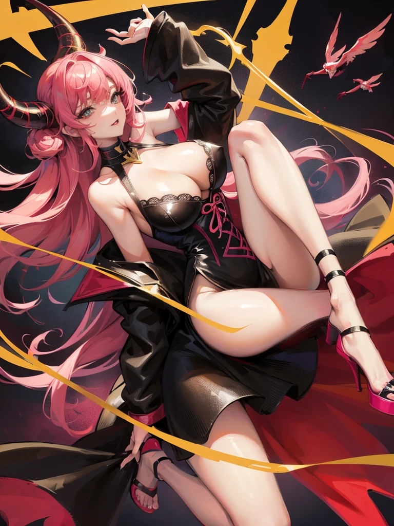 a full body devil girl who is half hidden angel with a beautiful devilish dress , has big and thick thighs with pink hairs and black and golden dress