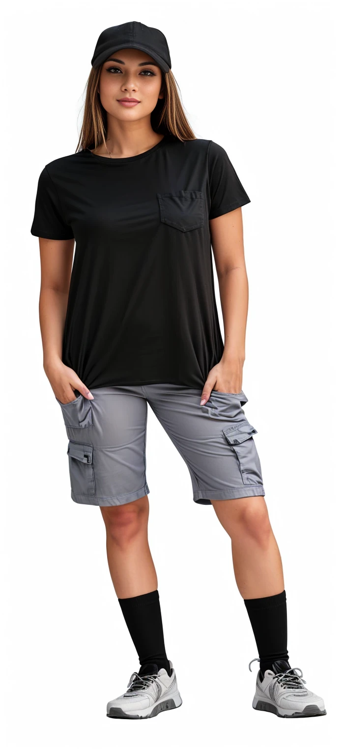 fit woman in black shirt and gray shorts posing for a photo, complete view, with two front pockets, full height view, wearing shorts and t-shirt, full body view entrelaçada, full body view, placed against a white background, casual modern clothing, complete view do corpo e da cabeça, full body distant view, Accurate shot ( FS )