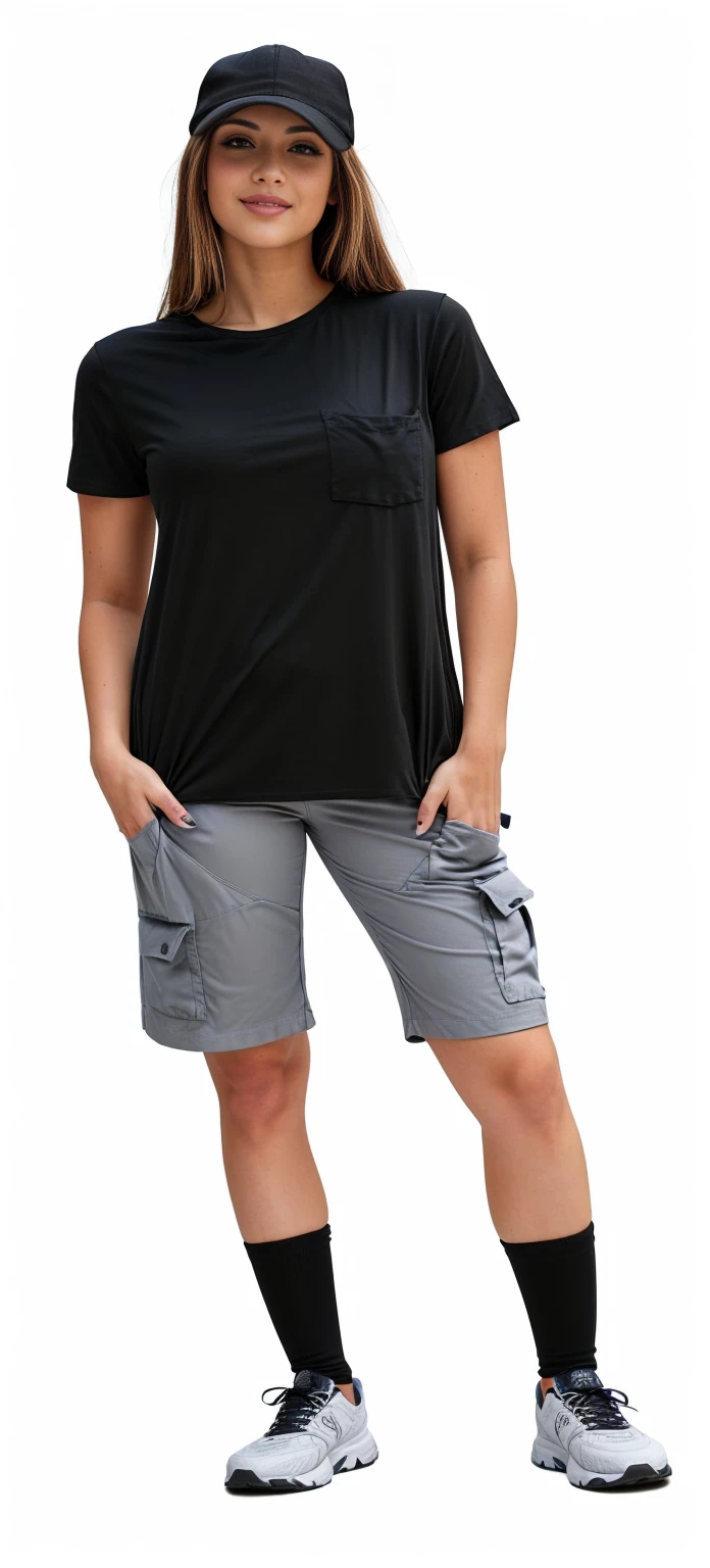 fit woman in black shirt and gray shorts posing for a photo, complete view, with two front pockets, full height view, wearing shorts and t-shirt, full body view entrelaçada, full body view, placed against a white background, casual modern clothing, complete view do corpo e da cabeça, full body distant view, Accurate shot ( FS )