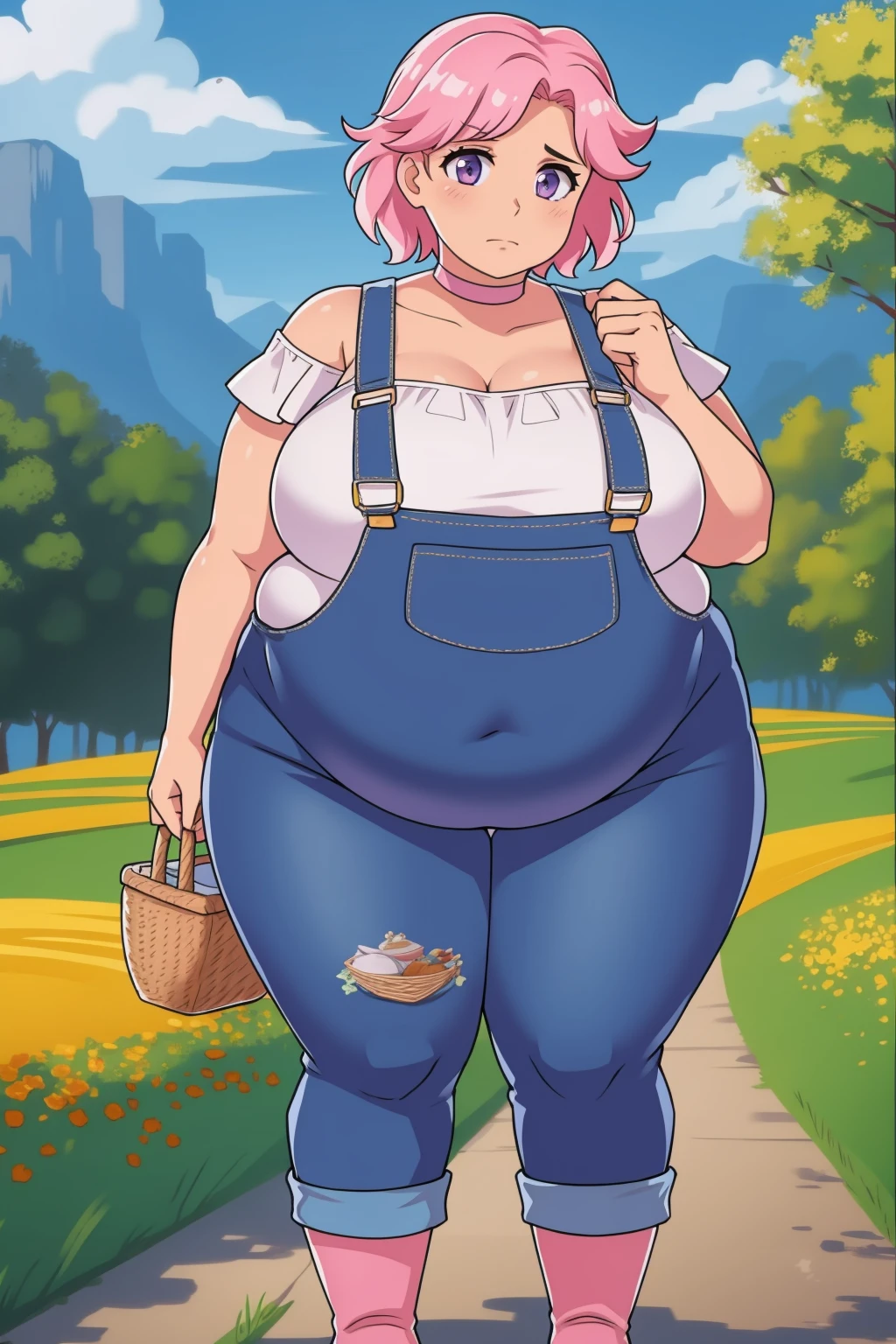 (Obese:1.1),fat, Slightly chubby, sad, farm backround, Full body, looking at viewer, 1girl, solo, short pink hair, (dark blue choker), (dark blue denim overalls), (purple eyes), (pink boots), (white shoulder lantern sleeve blouse, tucked in pants