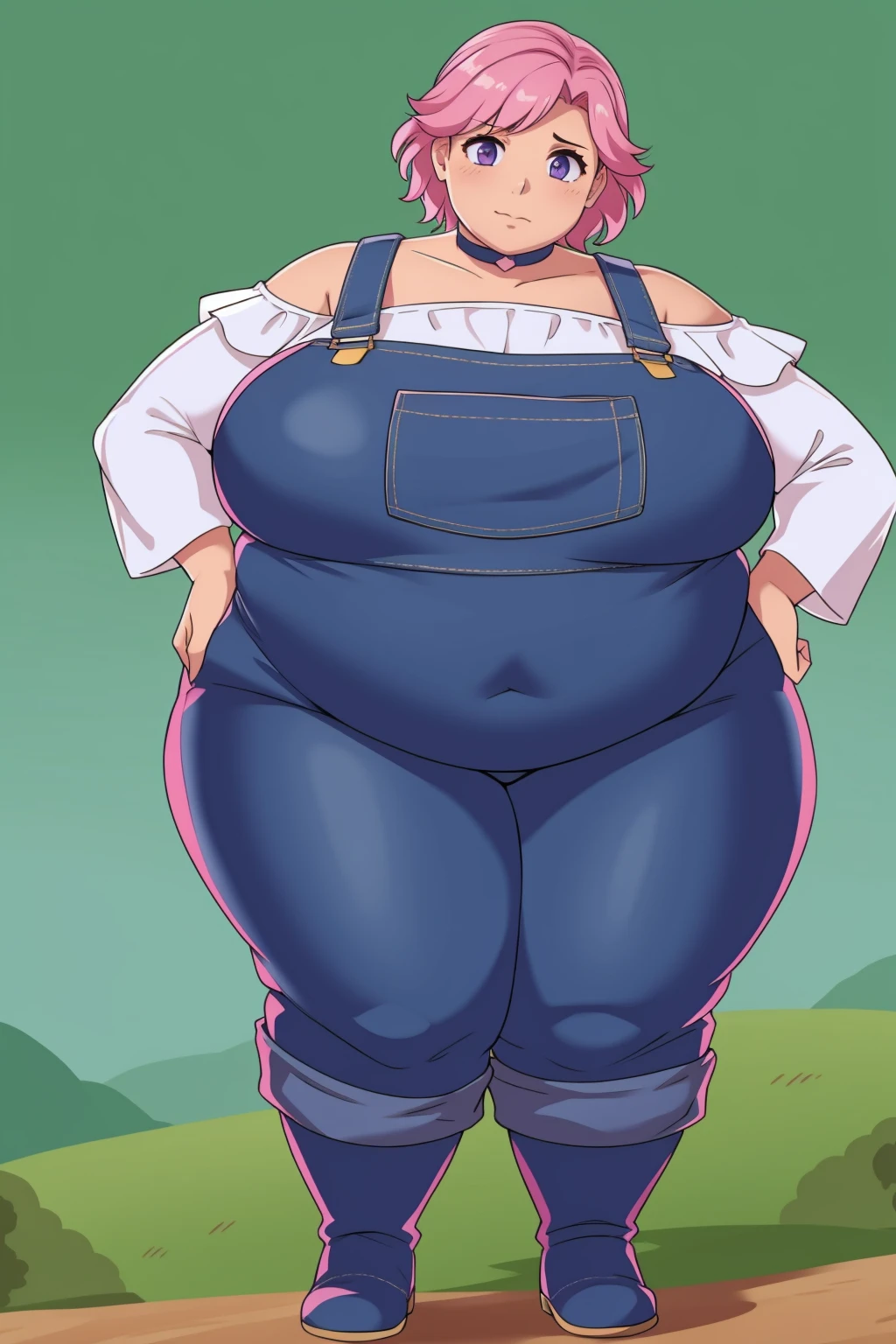 (Obese:1.1),fat, Slightly chubby, sad, farm backround, Full body, looking at viewer, 1girl, solo, short pink hair, (dark blue choker), (dark blue denim overalls), (purple eyes), (pink boots), (white shoulder lantern sleeve blouse, tucked in pants
