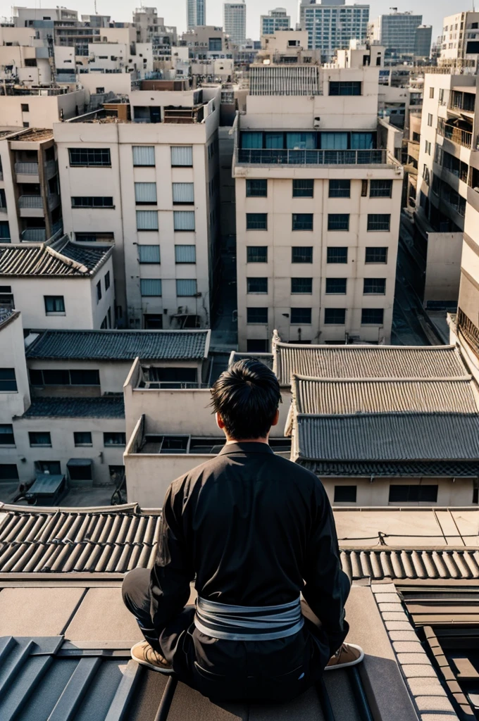 Create a picture of a boy sitting alone on the roof of a building and the picture will be taken from behind and the text behind his genji will be written 
"ADIB"
