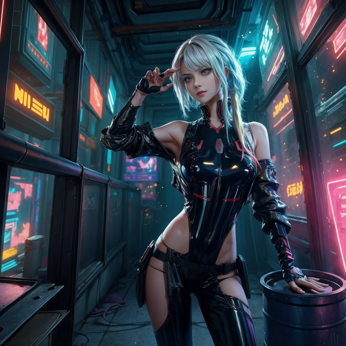 ((Best quality)), ((masterpiece)), (highly detailed:1.3), 3D, 1girl sexy beautiful, (cyberpunk:1.2), in space, nebula, holding_weapon, 1girl, solo