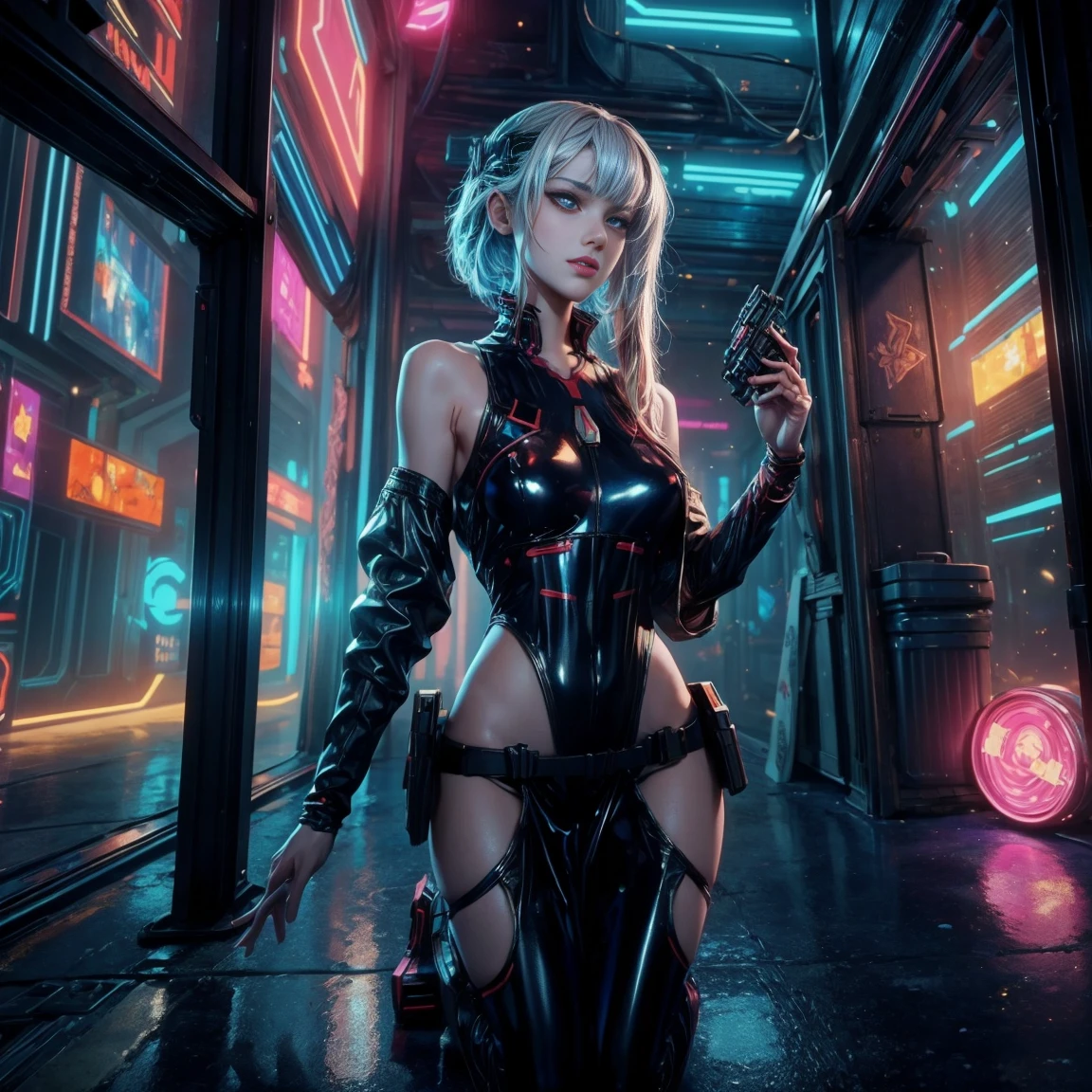 ((Best quality)), ((masterpiece)), (highly detailed:1.3), 3D, 1girl sexy beautiful, (cyberpunk:1.2), in space, nebula, holding_weapon, 1girl, solo