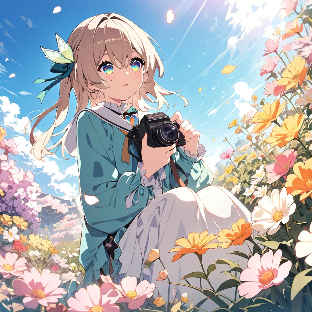 firefly \(honkai: star rail\):1.5), extremely pretty girl, truly lovely face, wavy glittering brown hair, ponytail, hair ribbons, brilliant topaz eyes, glossy lips, shiny skin, slender body, wearing well designed girly frilled dress, girly cardigan, holding a retro camera, squatting down and shooting photos of flowers, outdoor, marvelous botanical gagrden, grassy field, various kinds of flowers, full bloom, flowing petals, colorful view, sunny day, transparent blue sky, white clouds, glittering sun shine, breeze, {(masterpiece, best quality), (absurdres absolutely resolution), (8k), (detailed illustration), (super fine illustration), (vibrant colors), (professional lighting), detailed beatiful face, detailed beatiful eyes, detailed beatiful hair, nice hands, perfect hands, detailed background, cinematic angle, dynamic angle, dynamic pose, distant view, (looking away:1.4)},AddXL,shine colorful,