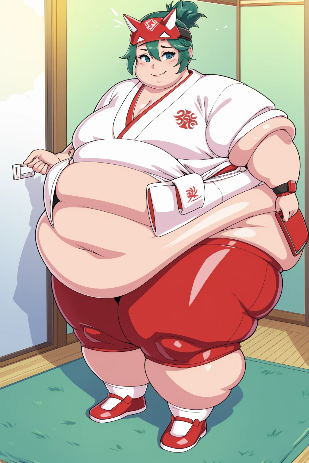 masterpiece, best quality, highres, detailed, realistic, young japanese woman, USSBBW, (morbidly obese:1.5), (detailed face, beautiful face, realistic face), pink hair, ponytail, high aesthetic, gigantic belly, eating ramen, restauraunt, surrounded by concerned friends, nude