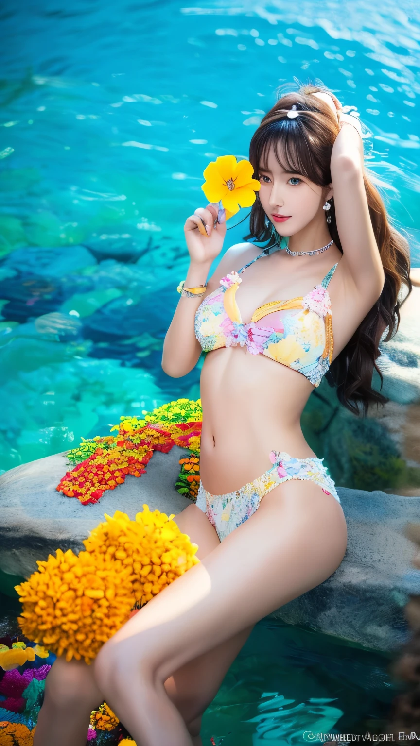 ridiculous, high resolution, Very detailed, 1 girl, Solitary, Extremely detailed eyes, starfish, seashell, shell, flower, have, Hair accessories, Jewelry, straw have, Looking at the audience, sunglasses, have flower, straw, hairpin, earrings, red flower, have色眼镜, yellow flower, Bangs, English text, Colorful hair, orange flower, Black Hair, ring, cup, Long hair, orange-have色眼镜, food, Brown hair, portrait, shell Hair accessories