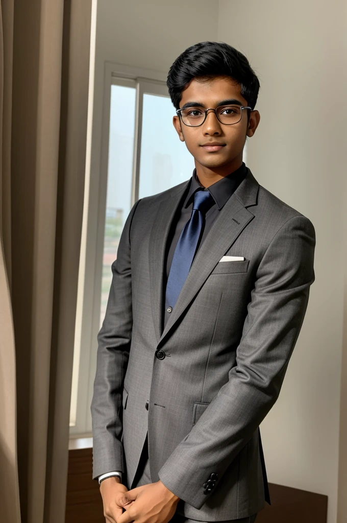 18 year old indian boy With fair skin Wearing spectacles and narrow body Posing for a linkedin picture in formals