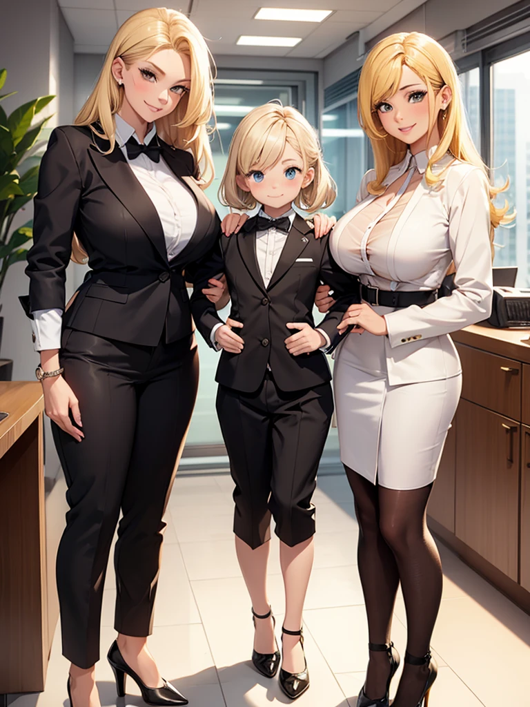 two sexy bubbly and cheerful women in office outfits holding boy with blonde hair between their boobs, women have various hair colors, flirtatious smile,women looking at boy