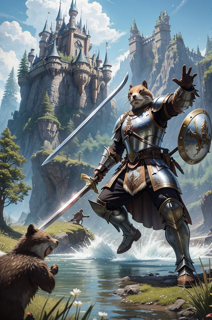 Realistic beaver warrior photo, wearing a shiny armour with sword and shield, epic fantasy castle in the background, one beaver, fantasy